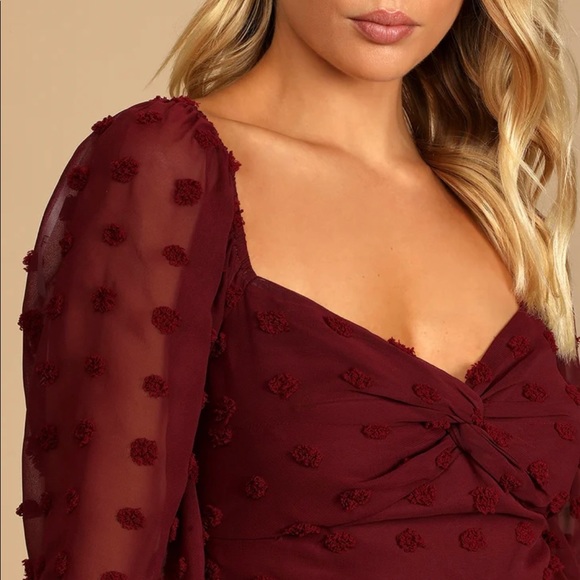 Lulus Flawless Style Burgundy Swiss Dot Long Sleeve Top - Picture 3 of 5